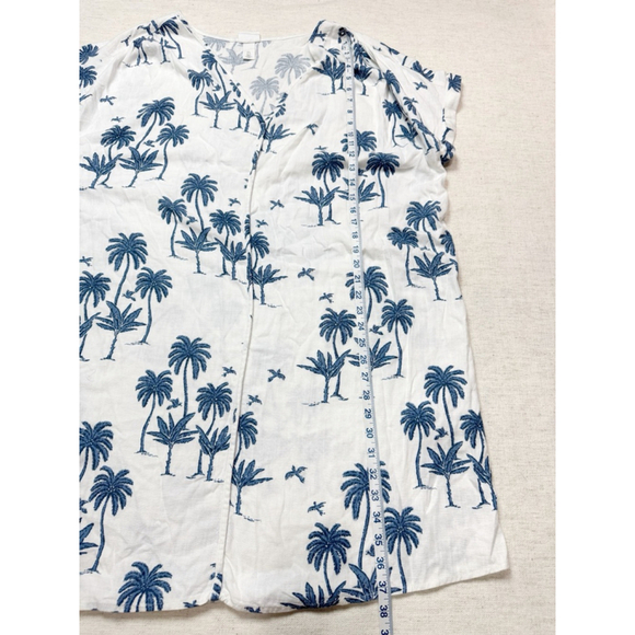 H&M Desmond & Dempsey Collab White Blue Palm Print Dress XL Linen Blend Hawaiian - Picture 3 of 6